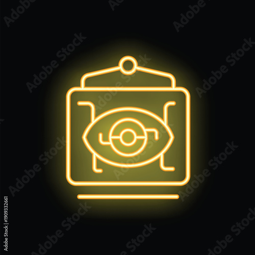 Yellow glowing neon icon representing retinal scanning technology with eye symbol on black background