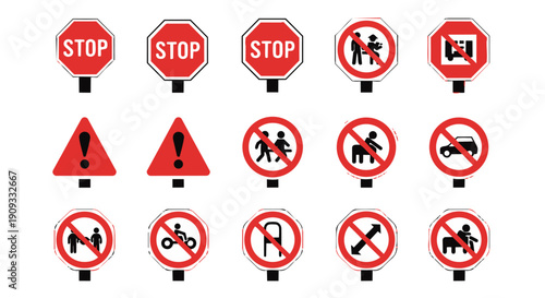 Stop and prohibition road sign icon set – traffic restriction and warning sign vector collection