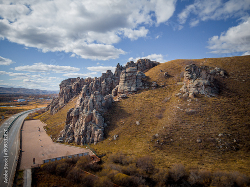Aerial view of Arxan, Inner Mongolia, China in late autumn.