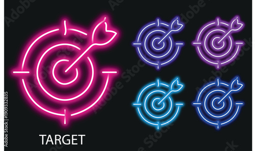 Glowing neon Awards line icon set. Editable Stroke. Target - stock vector.