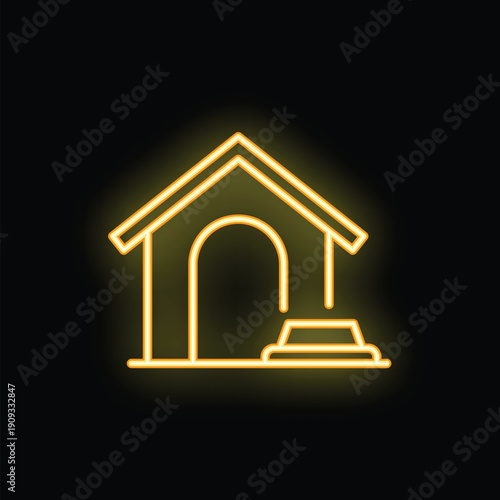 This yellow neon icon is representing a dog house with a bowl, suggesting a pet shelter advertisement
