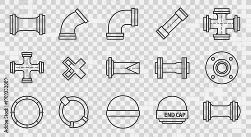 Outline icons of various plumbing and industrial pipe fittings including elbows, tees, couplings, and end caps on a transparent background.