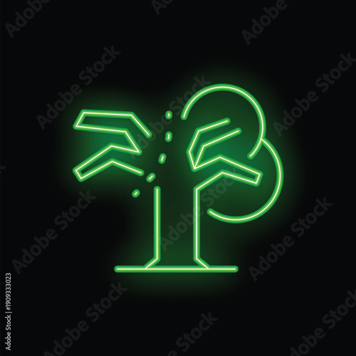Bright green neon tree sign is glowing on a black background
