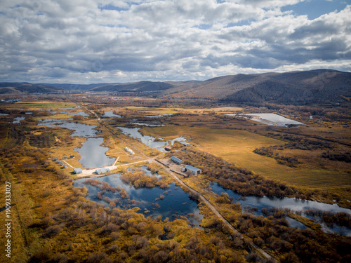 Aerial view of Arxan, Inner Mongolia, China in late autumn.