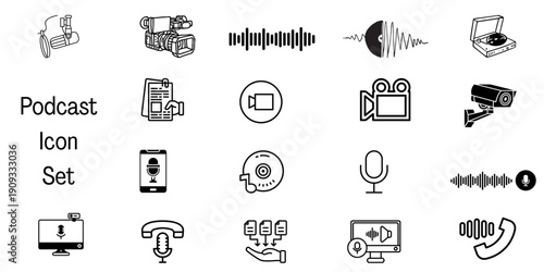 Comprehensive Podcast Icon Set with Recording Professional Studio Gear and Audio Waveforms