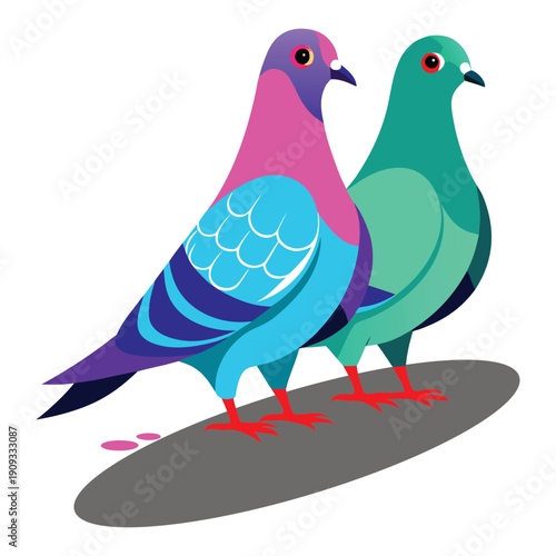 Vibrant Flat Design Pigeons Standing Together