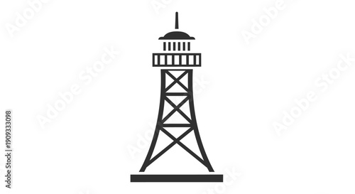 Black and white icon of a communication tower featuring a lattice structure and an antenna on top, symbolizing connectivity and broadcast.