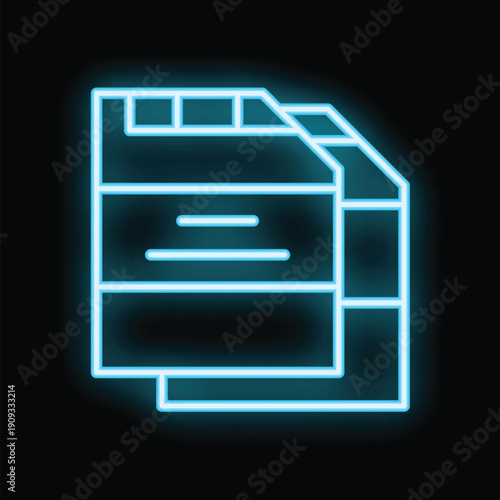 Blue neon icon of a floppy disk glowing on a black background