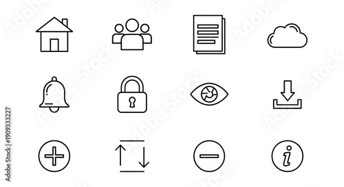 Outline vector icons set for web and mobile applications, including home, users, document, cloud, notification, lock, view, download, add, sort, subtract, and info.