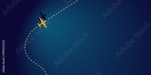 Stylized illustration of two airplanes soaring across a dark sky, charting their intertwined flight paths and destinations