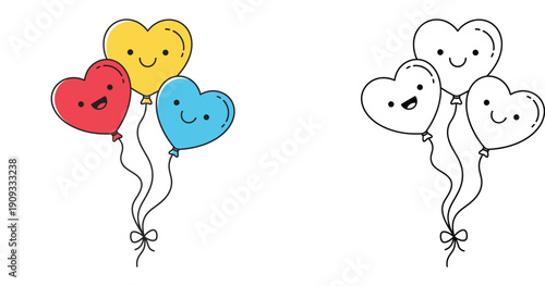 Cute Heart Shaped Balloons Illustration Set with Colorful and Outline Version for Coloring Page, Valentine's Day Cartoon Characters, Party Decoration Vector Graphics