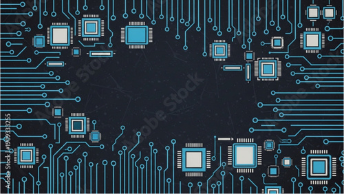 Electronic Circuit Board with Microchips and Connections in a Futuristic Technology Setting from a Top-Down Viewpoint