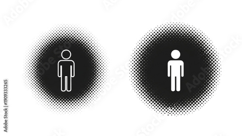 Simple white human figures in black circular frames with dotted borders on a white background
