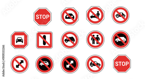 Prohibited traffic signs icon set – stop, no entry, no parking and restriction road sign vector icons