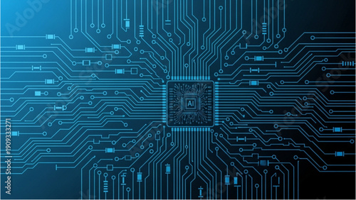 Close-up view of a complex circuit board with a central microchip in a technological environment