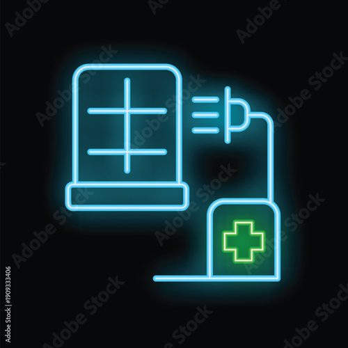 Glowing neon line solar panel medical icon isolated on a black background