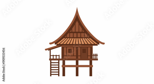 Traditional wooden stilt house with a pointed roof, typical of Southeast Asian architecture, isolated on a white background.