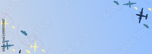 Abstract aviation background with stylized airplanes tracking routes across a serene blue sky, representing global travel and navigation