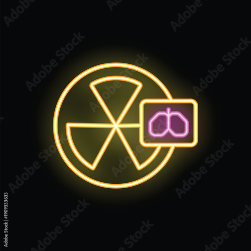 Glowing neon line icon of a radiation hazard symbol with lungs on a black background