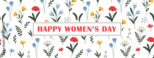 Happy Women's Day panoramic vector card with floral background