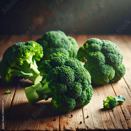 Fresh Green Broccoli Heads on Rustic Wooden Surface