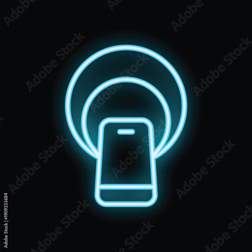 Blue neon icon of a smartphone emitting a wifi signal, representing the concept of mobile hotspot