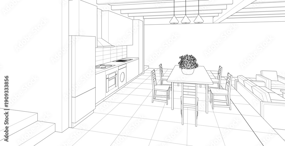 Fototapeta premium housing interior kitchen living room 3d illustration