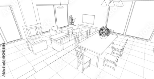 housing interior kitchen living room 3d illustration
