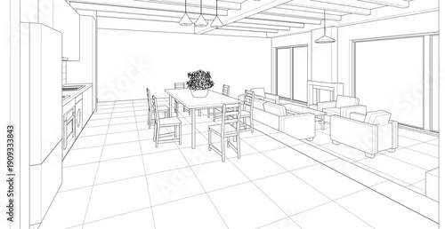 housing interior kitchen living room 3d illustration