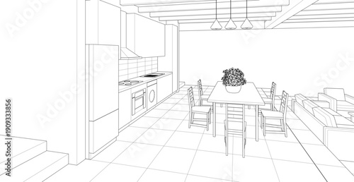 housing interior kitchen living room 3d illustration