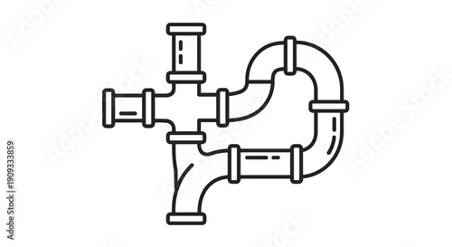 Line art illustration of a complex plumbing pipe system with various joints and bends, depicting a network for fluid transport.