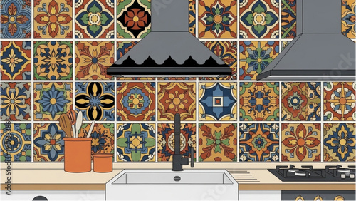 Modern kitchen interior with colorful tiles and sleek appliances viewed from the front