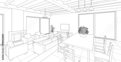 housing interior kitchen living room 3d illustration