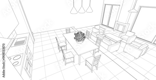 housing interior kitchen living room 3d illustration