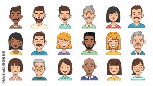 Diverse group of cartoon people faces arranged in a grid pattern