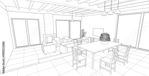 housing interior kitchen living room 3d illustration