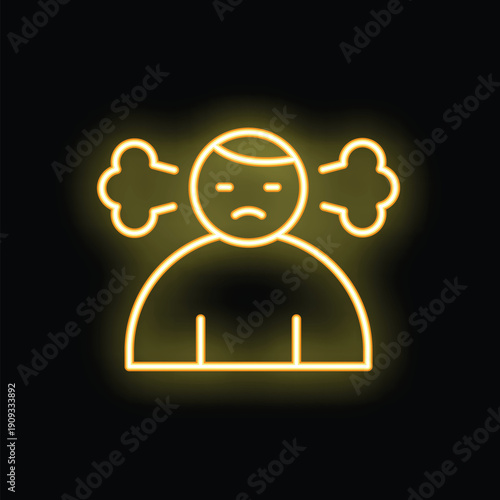 Yellow neon icon of a man feeling very angry with steam coming out of his ears on a black background