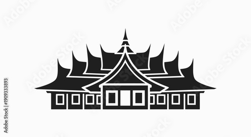 Stylized black and white vector illustration of a traditional Southeast Asian temple or palace with multiple tiered roofs and intricate architectural details.