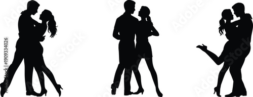 Romantic dancing couple silhouettes collection, man and woman tango poses, love relationship vector illustration isolated on white background design