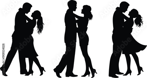 Romantic couple dancing silhouettes, man and woman embrace tango poses, love relationship vector illustration isolated on white background design