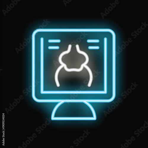 Glowing neon line medical clinical monitor icon showing x ray image on black background