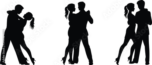 Dancing couple silhouette set, romantic man and woman tango poses, love relationship vector illustration isolated on white background design
