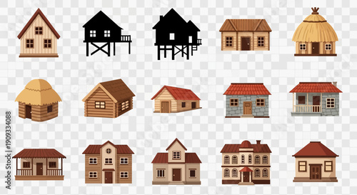 Collection of diverse house types and architectural styles, including traditional homes, stilt houses, and thatched huts, presented as illustrations.