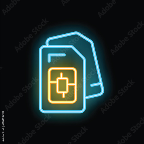 Neon sim cards glowing, concept for mobile communication, mobile network, international roaming