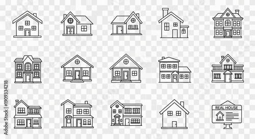 A collection of 15 black and white outline icons depicting various residential houses and buildings, suitable for real estate or architectural design.