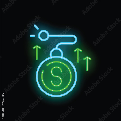 Neon sign representing increasing capital gains with dollar coin and up arrows on black background