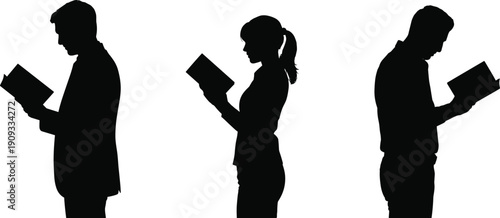 Group of people reading books silhouette, men and woman studying together, education knowledge concept vector isolated on white background
