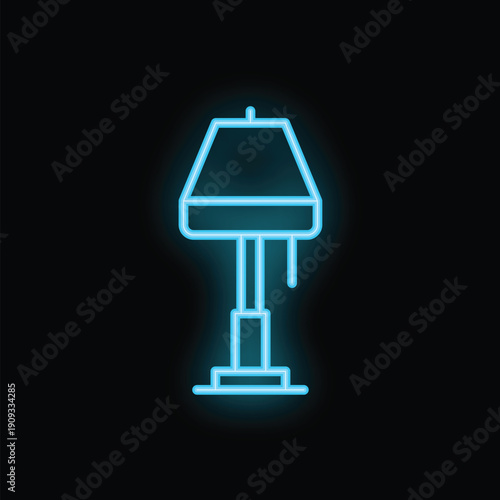 Blue neon sign showing a bedside lamp, a classic symbol of comfort and relaxation