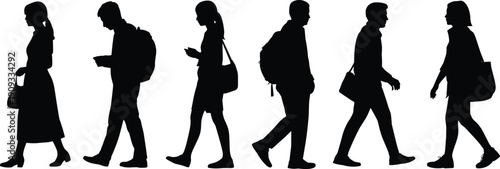Group of diverse people walking silhouettes, commuters with backpacks and bags, urban crowd movement, life concept, isolated on white background
