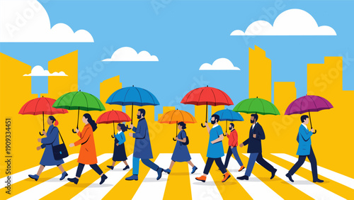 Vector illustration of diverse people crossing road with colorful umbrellas in cityscape on a rainy day from a high viewpoint 26.eps